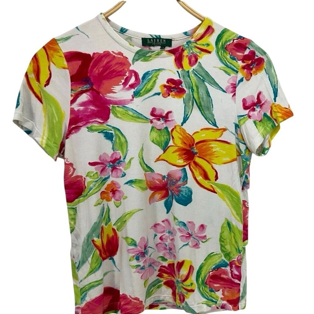 Lauren Ralph Lauren Floral White Stretch T-Shirt Size M Petite